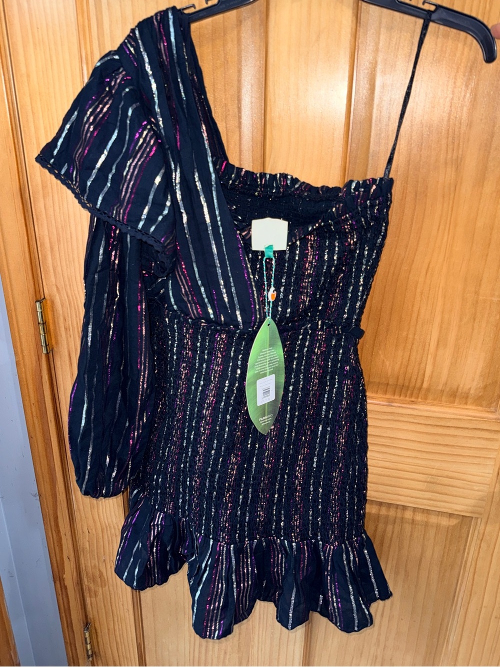 NWT FARM Rio Lurex Stripes Mini Dress w/one shoulder/ruffles/smocked bodice/-S - Picture 7 of 16